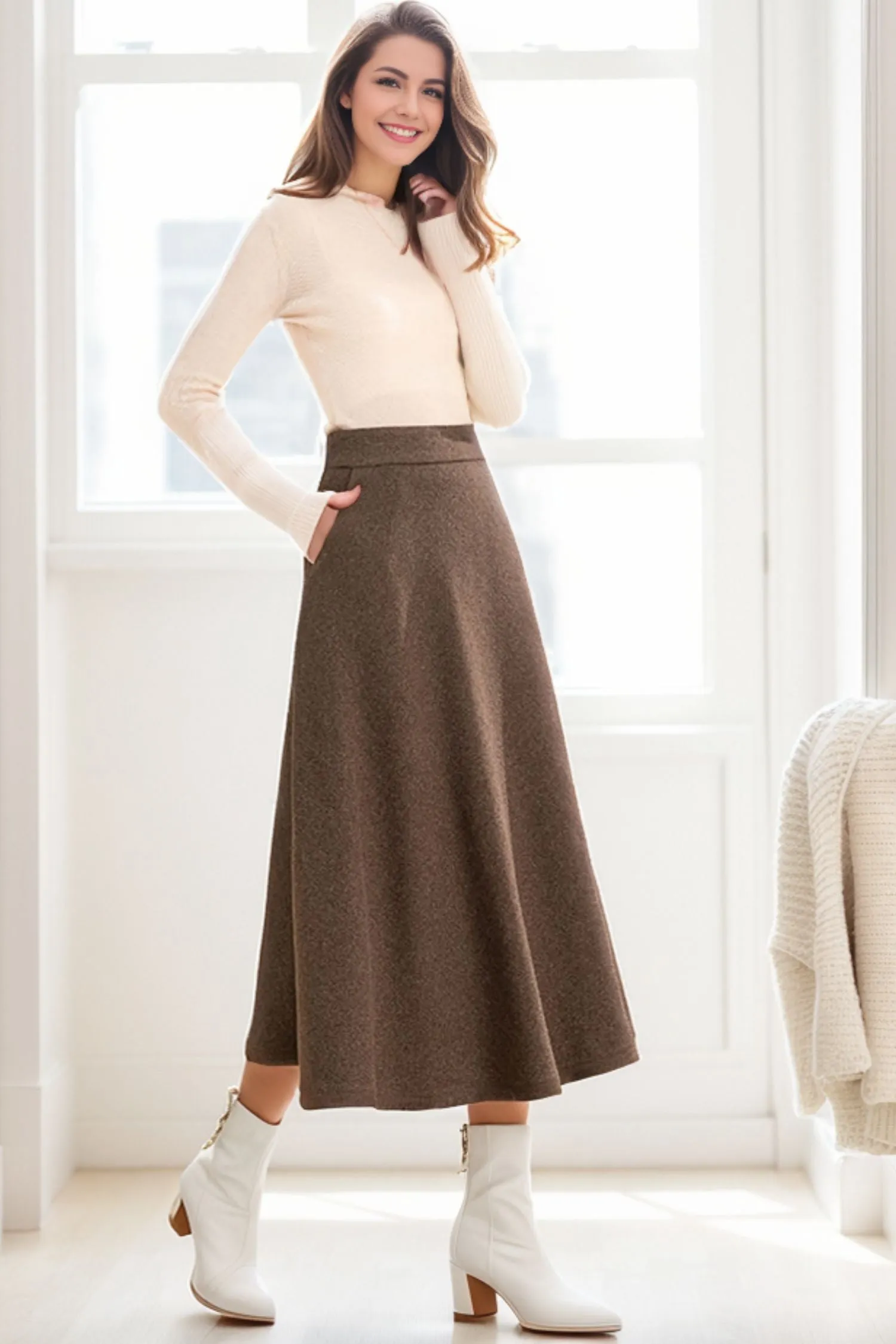 A-Line Midi Long Wool Skirt C4260