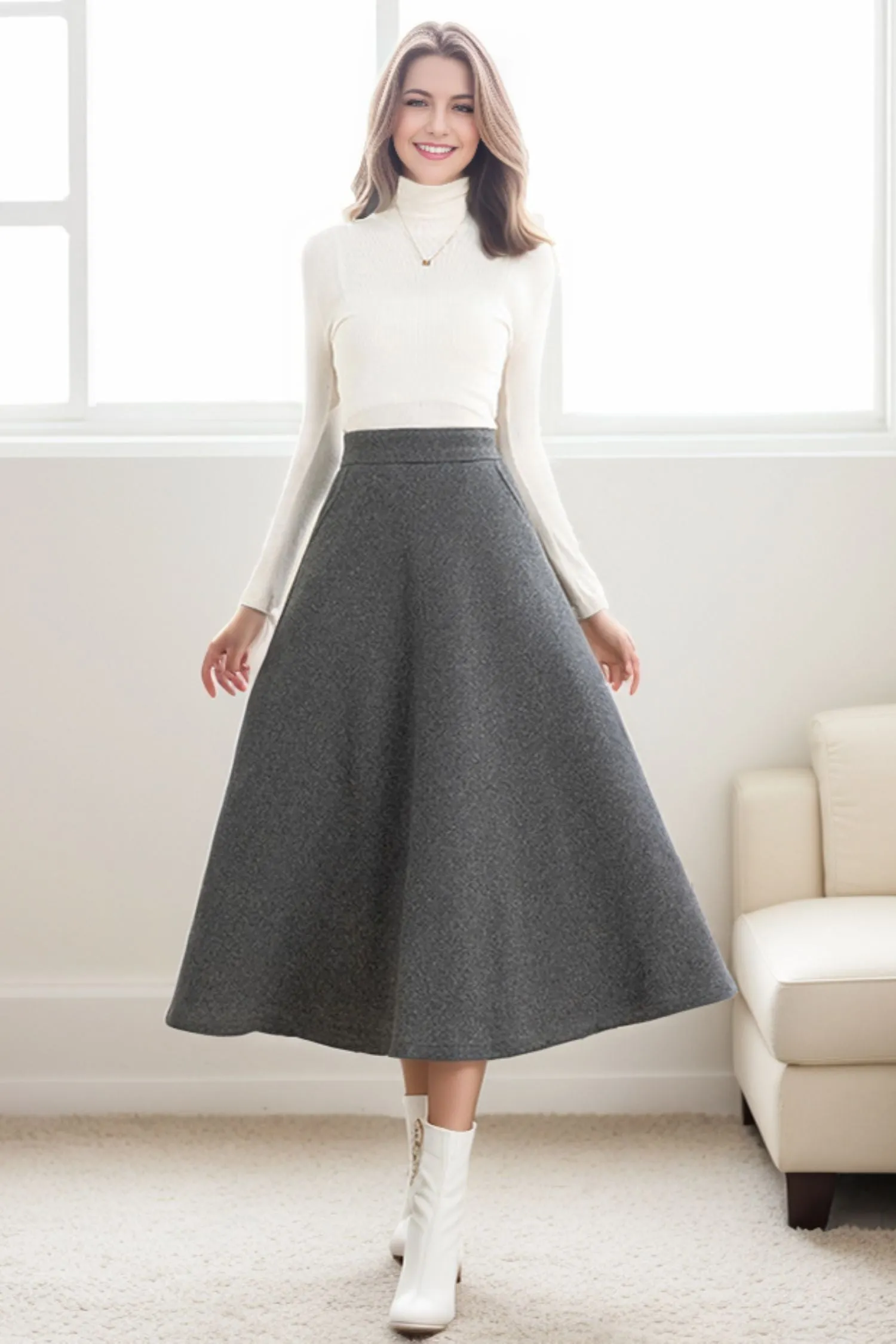 A-Line Midi Long Wool Skirt C4260