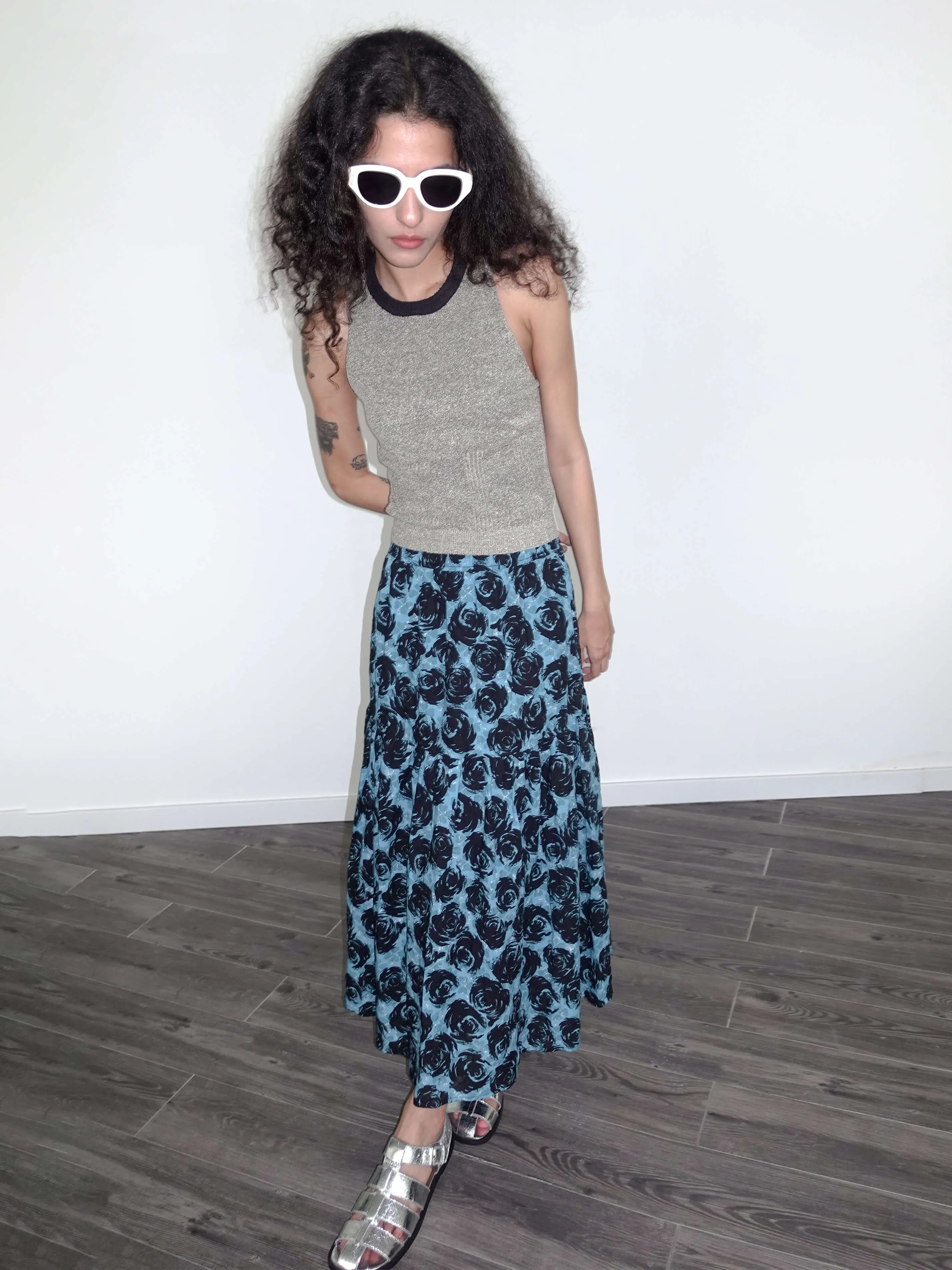 A-line Rose Print Cotton Skirt