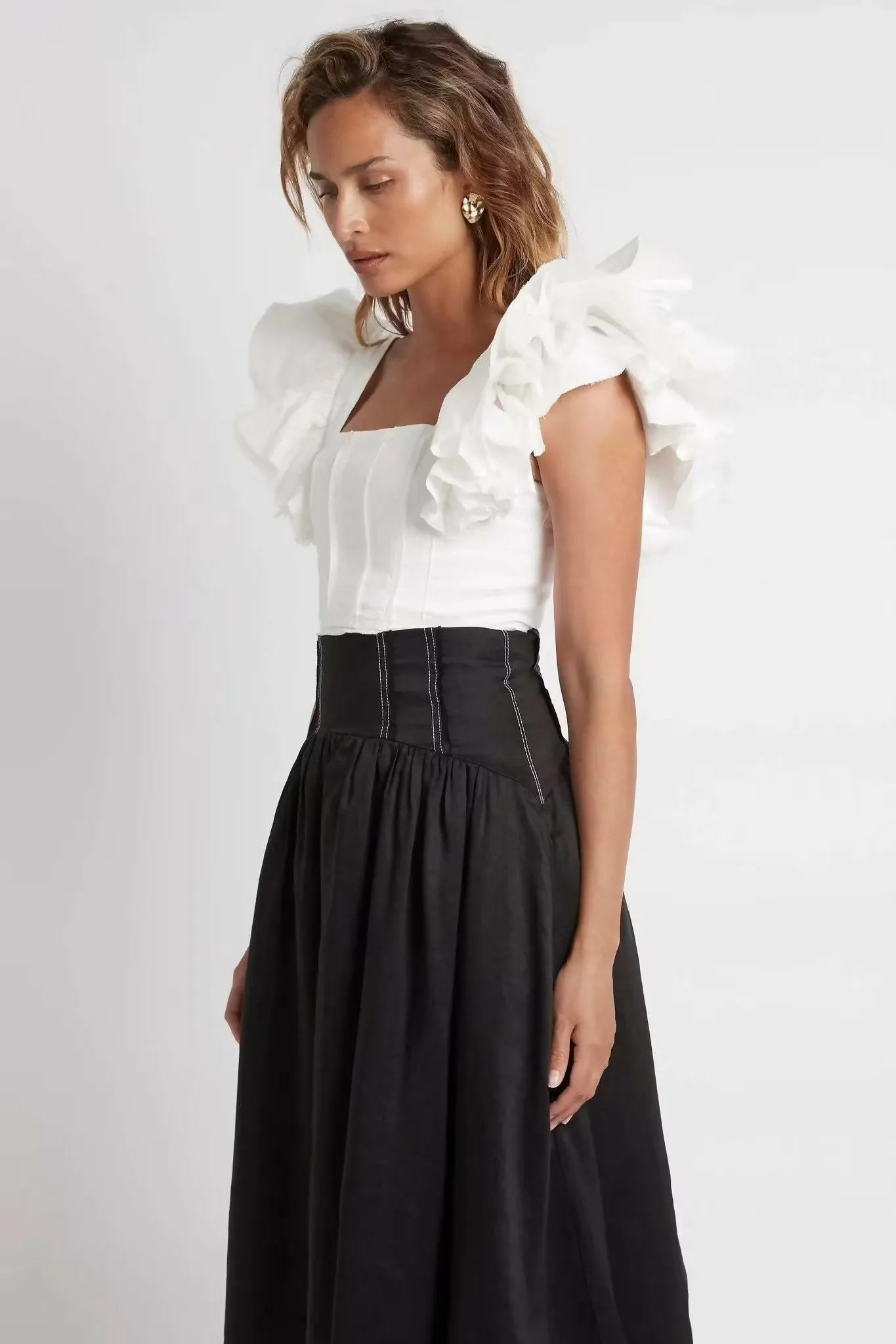 Aje Vanades Frill Crop Top & Flare Midi Skirt Set Ivory/Black Size 10/12