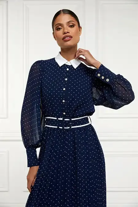 Annabel Pleated Midi Dress (Ink Navy Polka Dot)