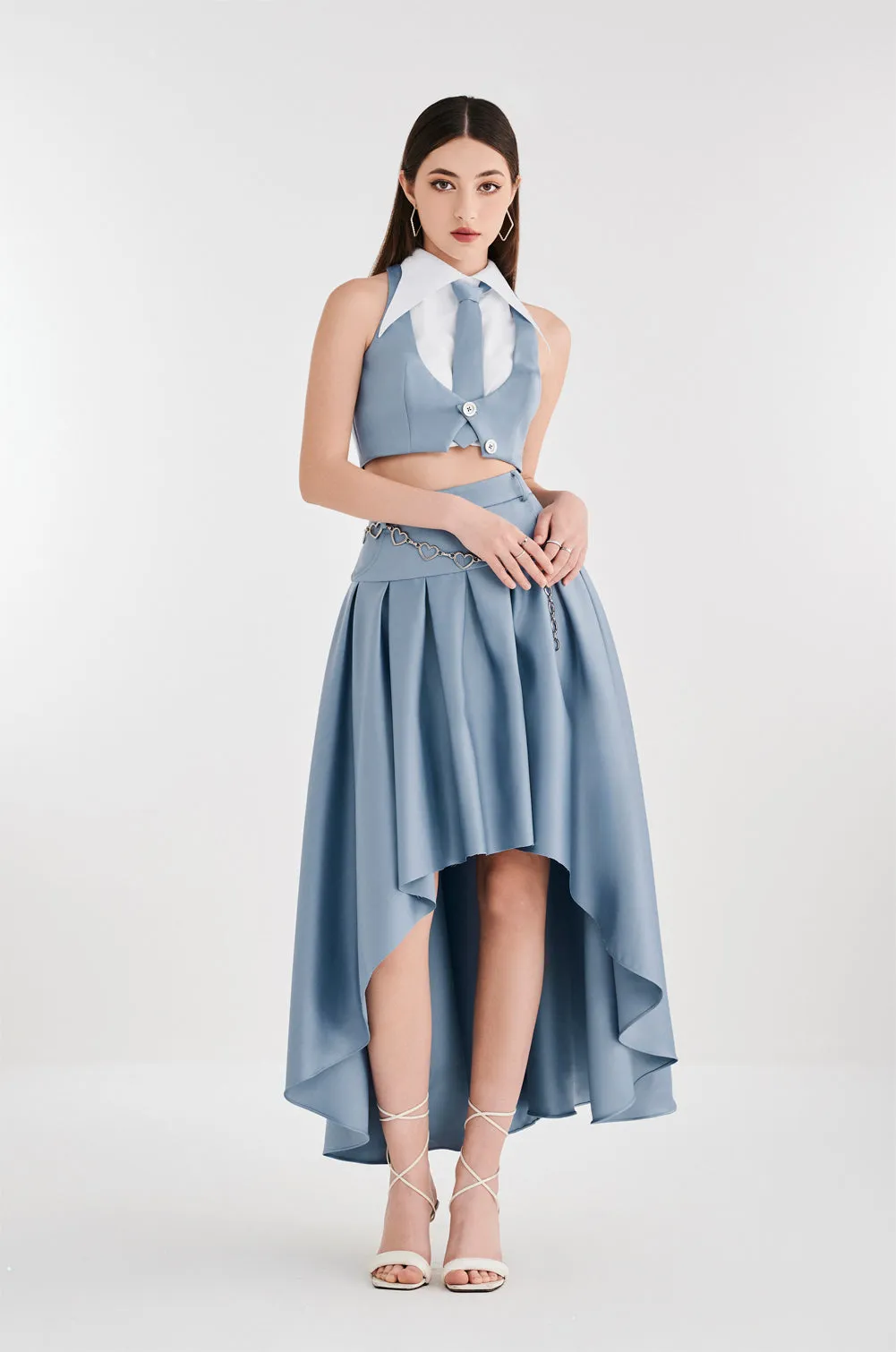 Asymmetry Pleated Set With Bow Tie