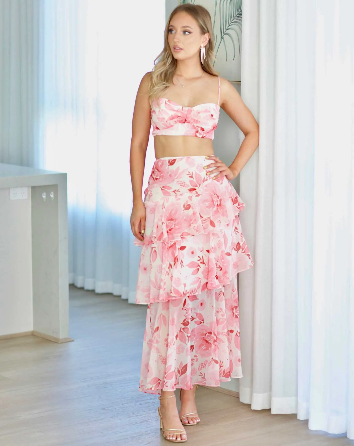 Bella Layered Chiffon Maxi Skirt - Blush Floral