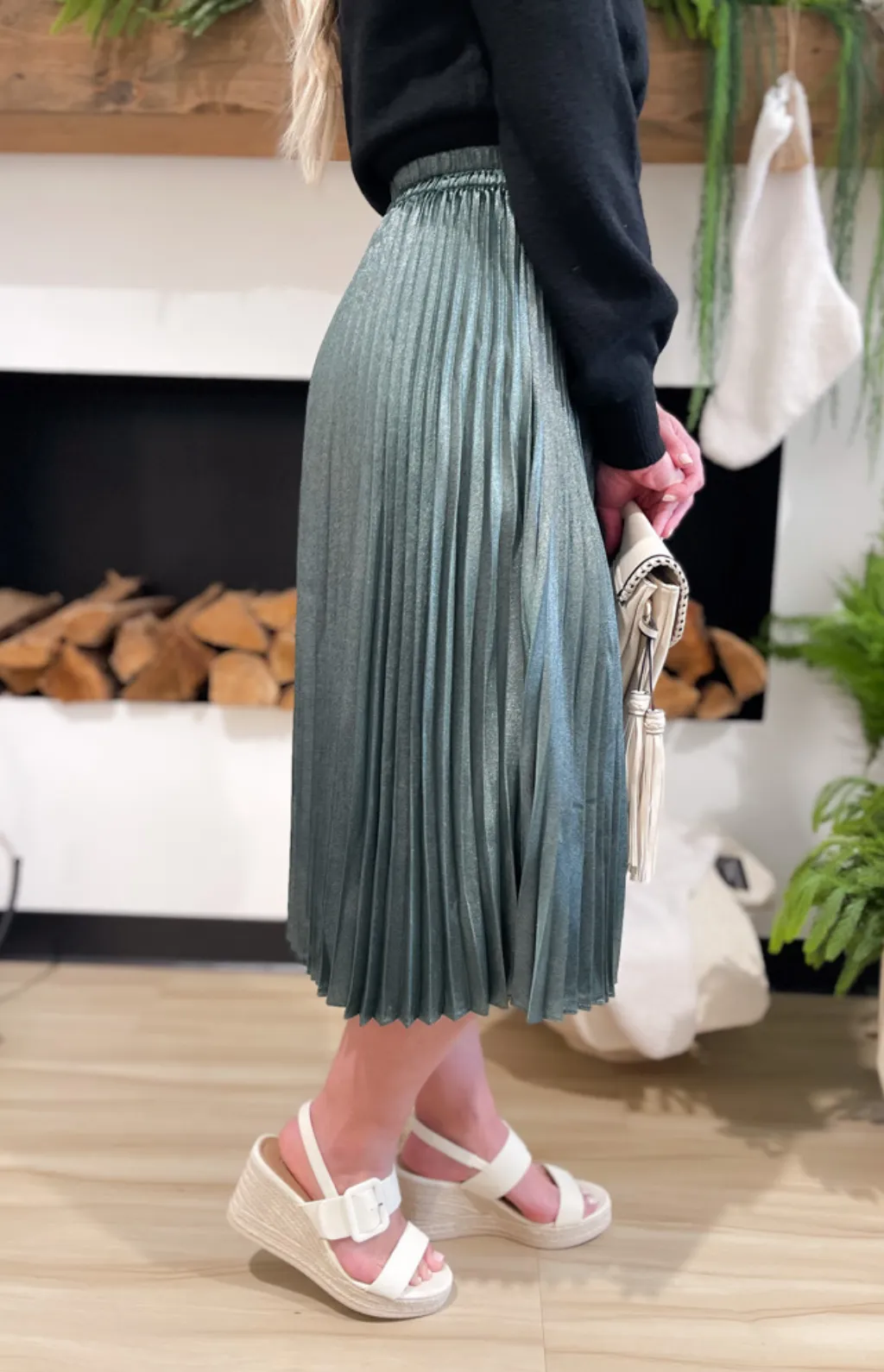 Bella Metallic Green Pleated Midi Skirt