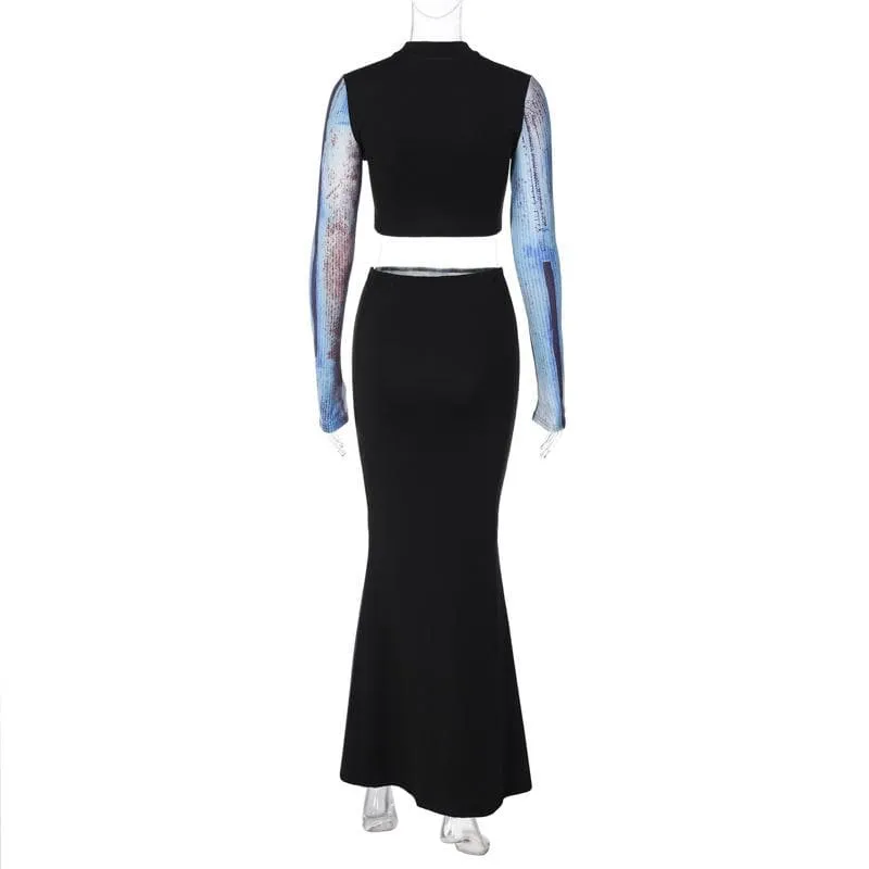 BerriesJam - Body Print Long Sleeve High Neck Patchwork Maxi Skirt Set