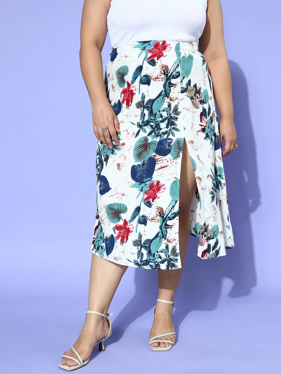 Berrylush Women Plus Size White & Green Tropical Printed Thigh-High Slit Flared A-Line Midi Skirt