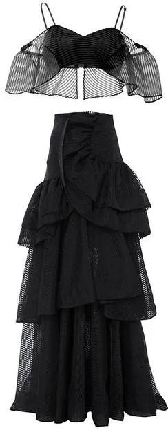 Black Cold Shoulder Tulle Frill Top and Long Ruffle Layered Skirt *Limited Stock*