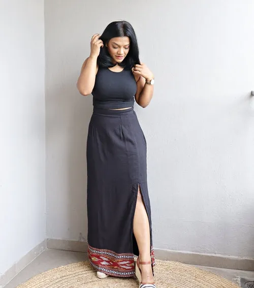 Black Handloom Cotton Maxi Skirt With Ikat Border