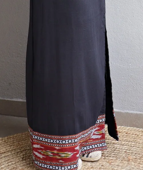 Black Handloom Cotton Maxi Skirt With Ikat Border