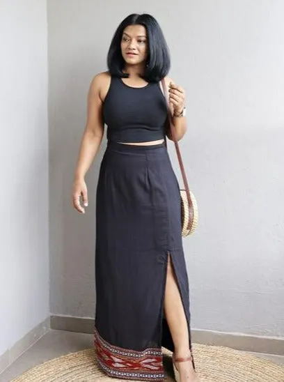 Black Handloom Cotton Maxi Skirt With Ikat Border