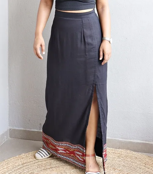 Black Handloom Cotton Maxi Skirt With Ikat Border