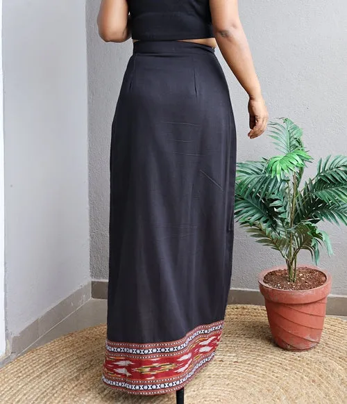 Black Handloom Cotton Maxi Skirt With Ikat Border