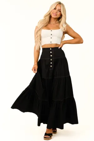 Black Tiered Seam Detail Buttoned Maxi Skirt