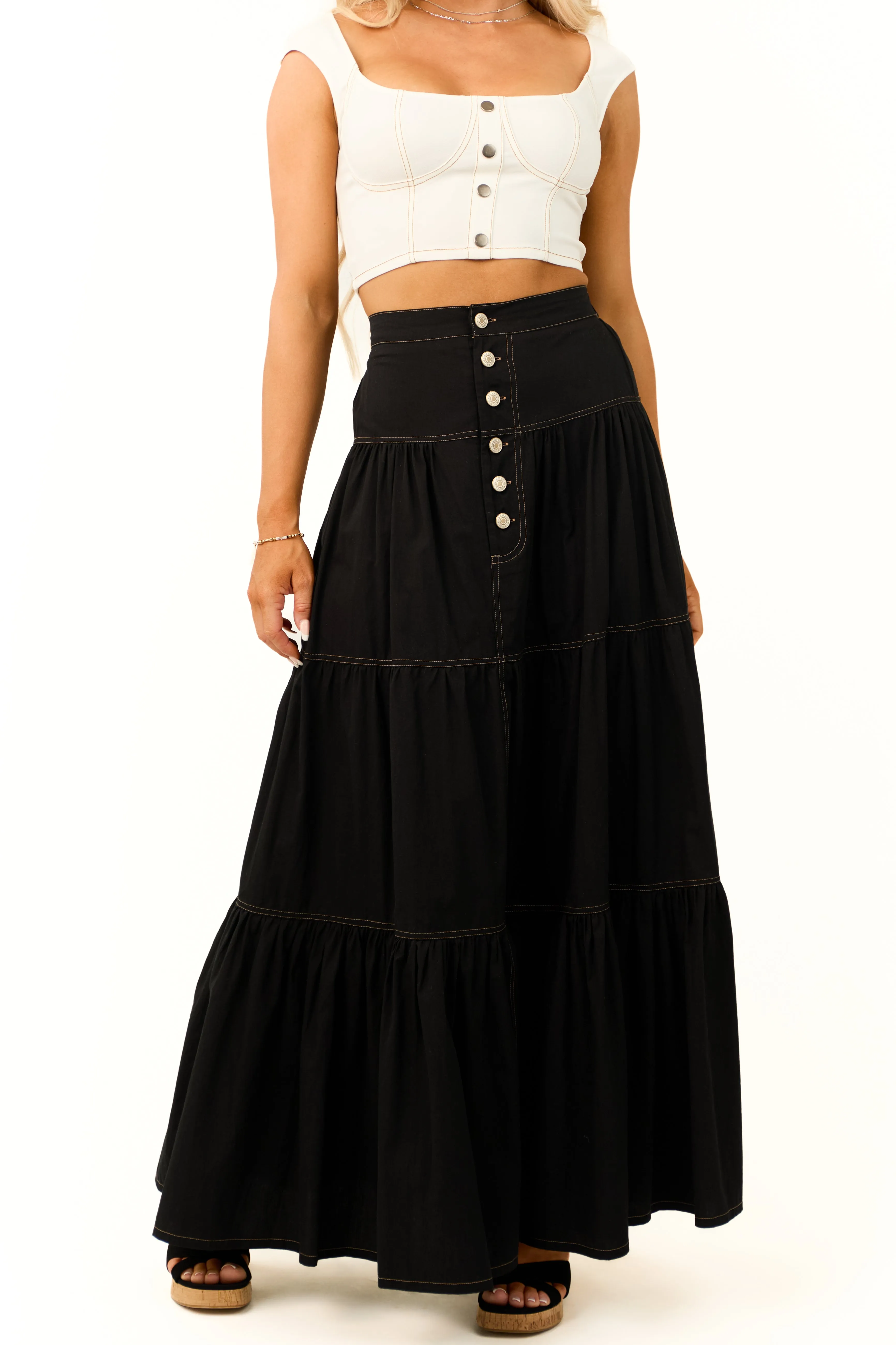 Black Tiered Seam Detail Buttoned Maxi Skirt