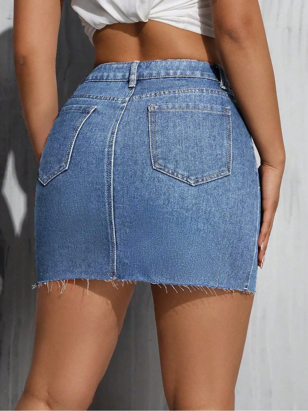 Blue Denim Straight Fringed Mini Skirt