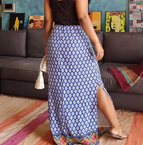 Blue Printed Cotton Viscose Maxi Skirt