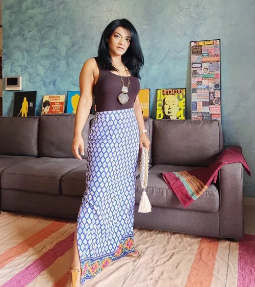 Blue Printed Cotton Viscose Maxi Skirt