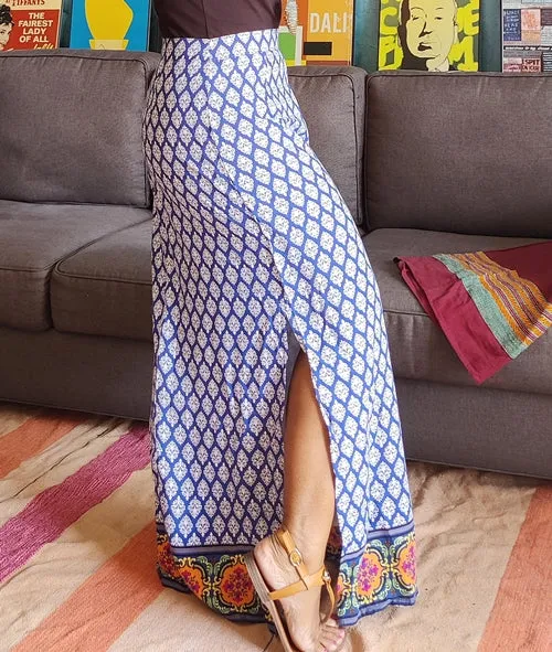 Blue Printed Cotton Viscose Maxi Skirt