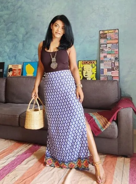 Blue Printed Cotton Viscose Maxi Skirt