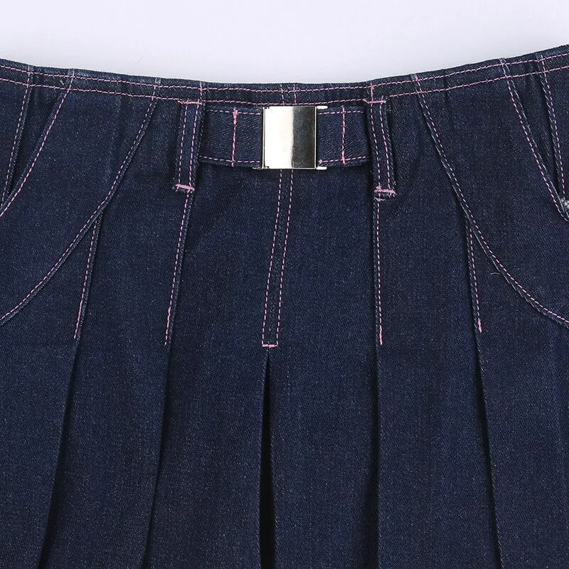 Blue Trim High Waist Pleated Denim Skirt