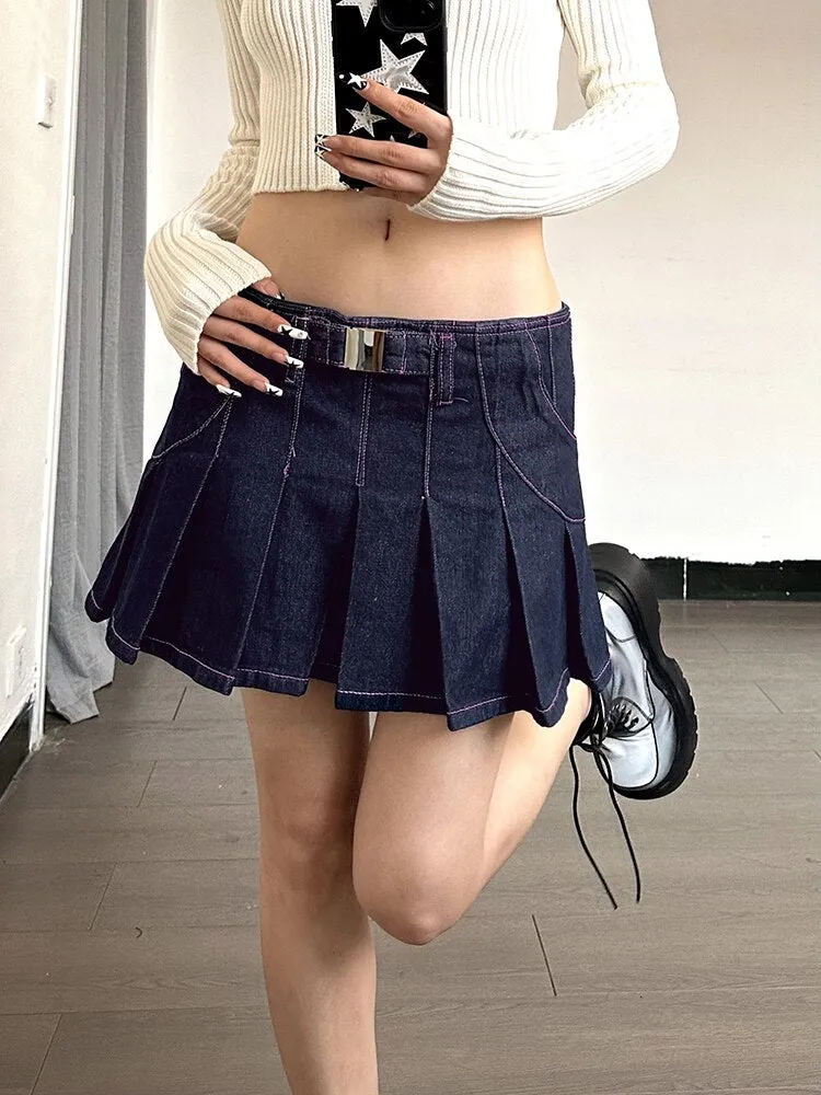 Blue Trim High Waist Pleated Denim Skirt