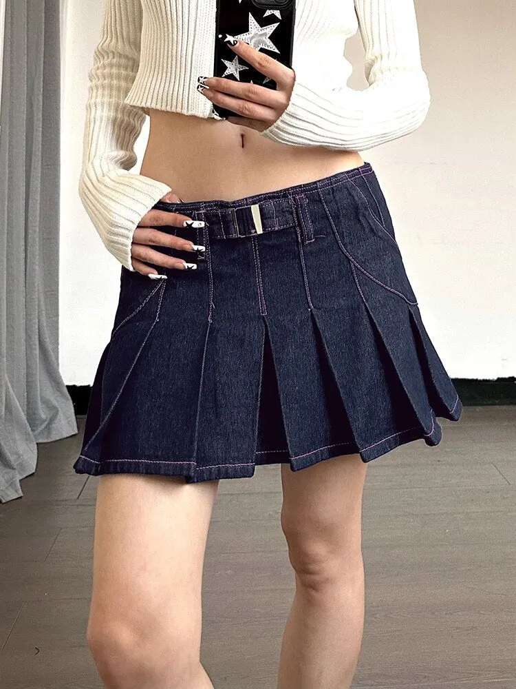 Blue Trim High Waist Pleated Denim Skirt