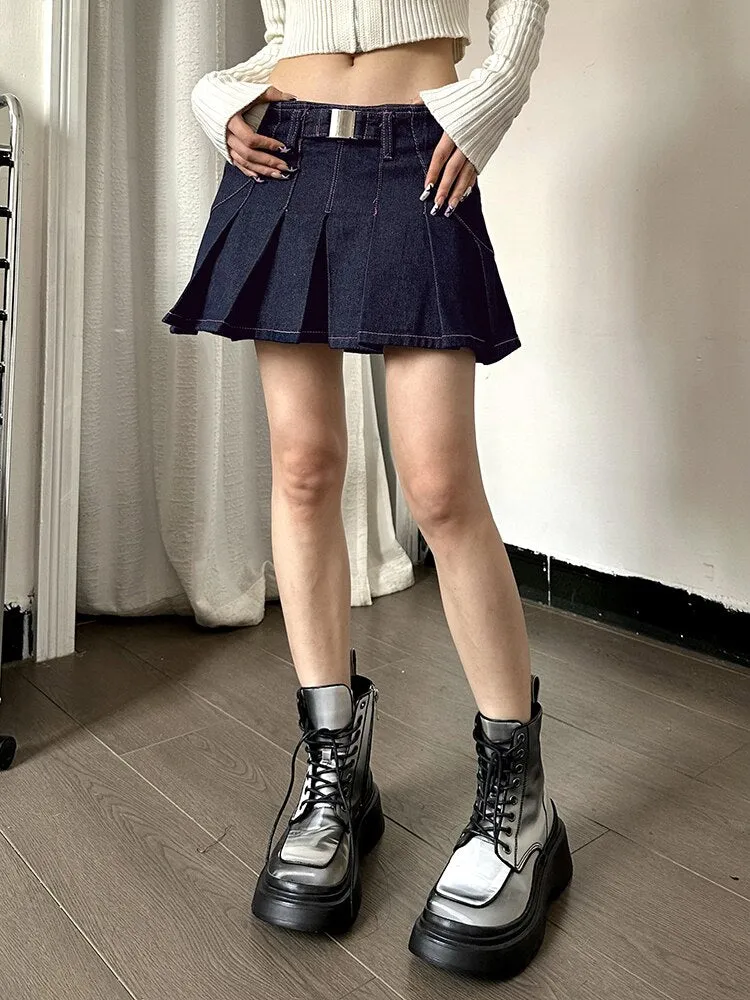 Blue Trim High Waist Pleated Denim Skirt