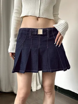 Blue Trim High Waist Pleated Denim Skirt