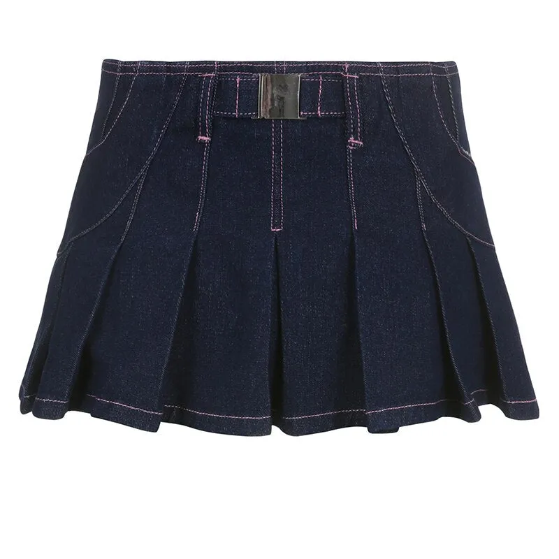 Blue Trim High Waist Pleated Denim Skirt