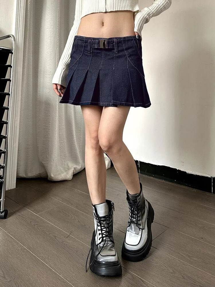 Blue Trim High Waist Pleated Denim Skirt