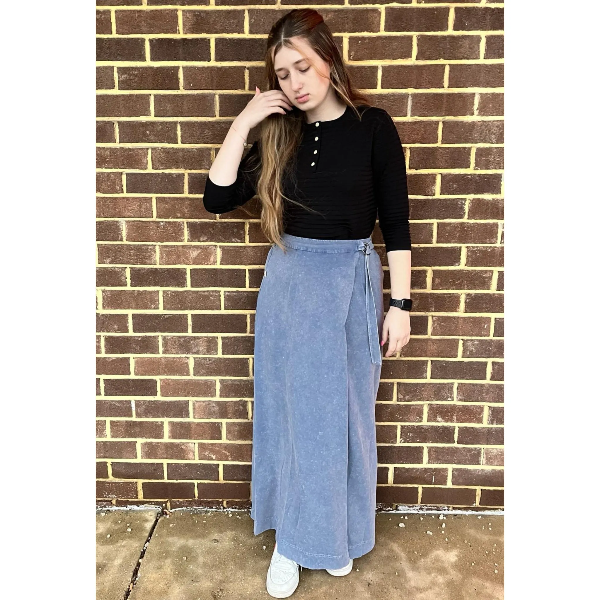 Chambray Wrap Casual Maxi Skirt