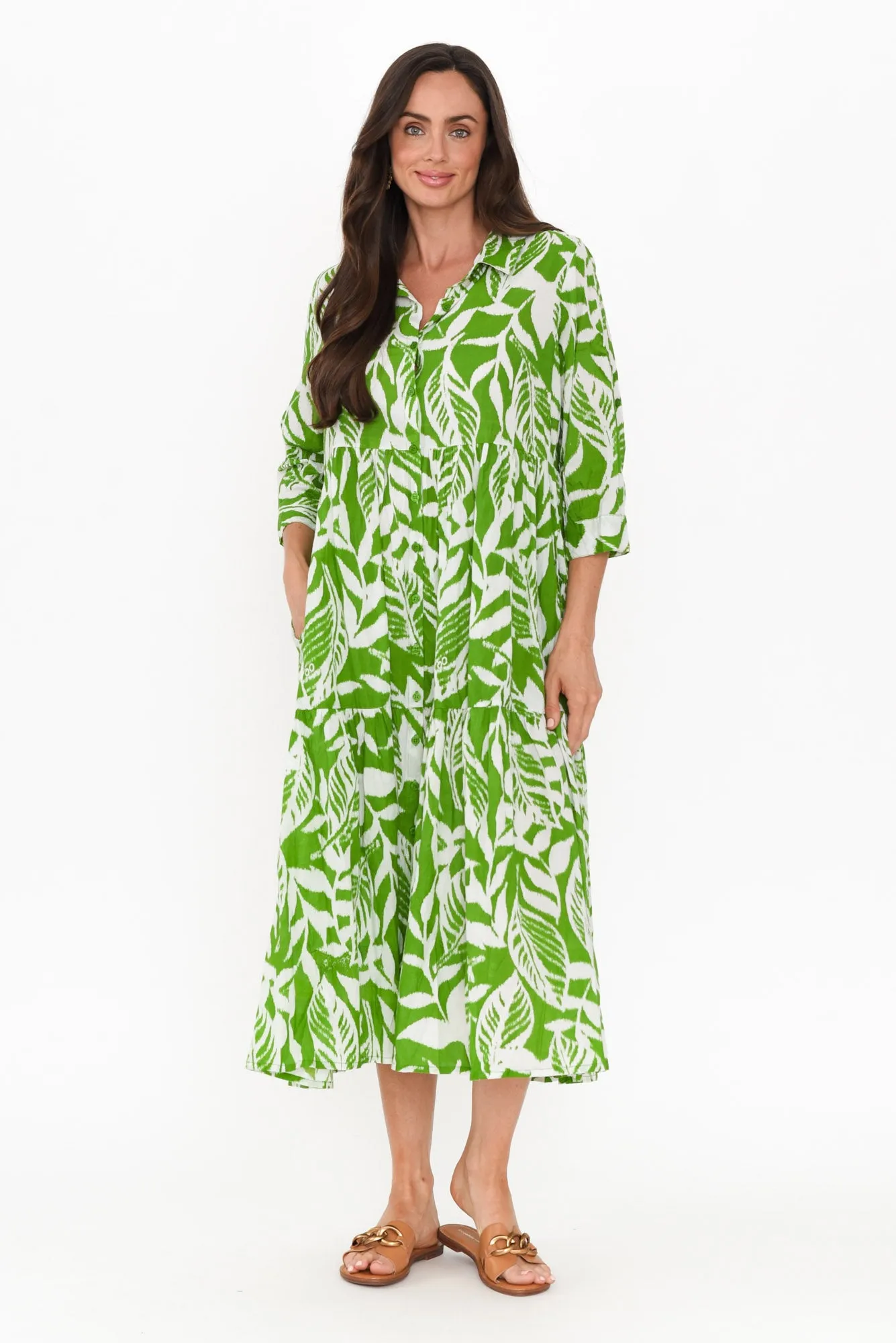 Charli Green Leaf Cotton Collared Dress