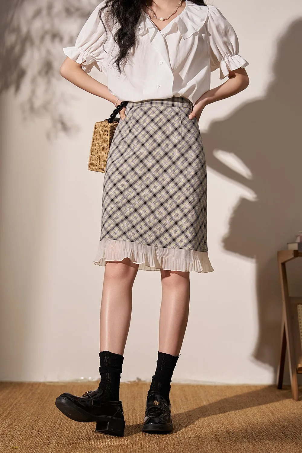 Coffee Plaid Midi Skirt