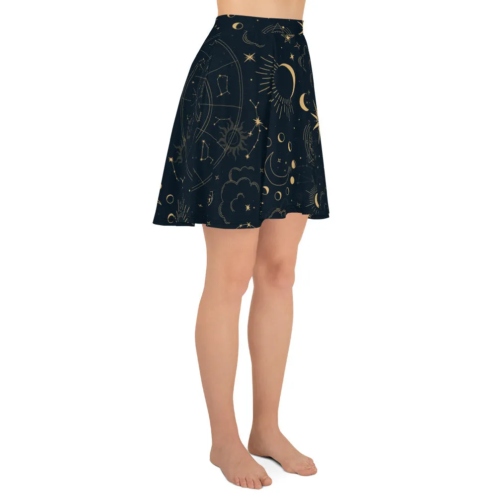 Constellation Skater Skirt, Moon Stars Galaxy Eye Boho Print Mini Short Circle Cute Handmade Party Sexy Women Skirt