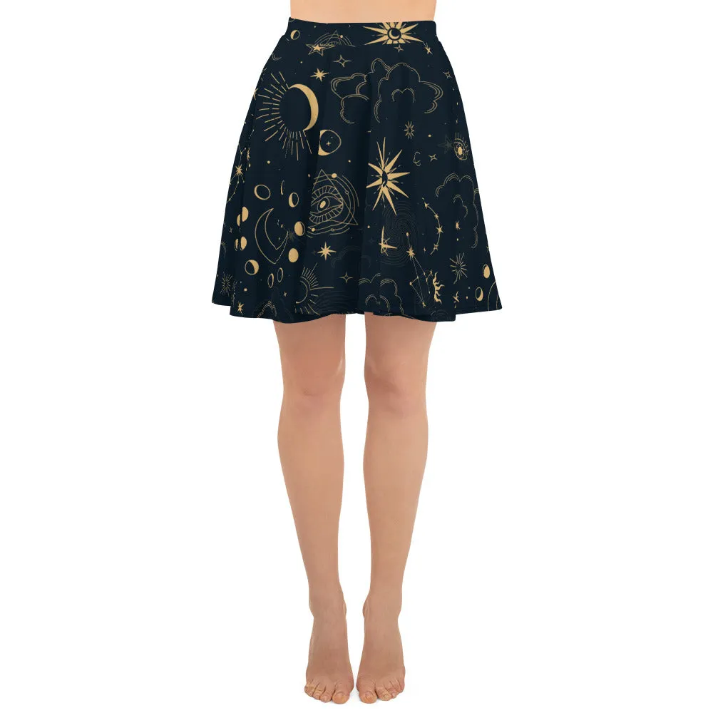 Constellation Skater Skirt, Moon Stars Galaxy Eye Boho Print Mini Short Circle Cute Handmade Party Sexy Women Skirt