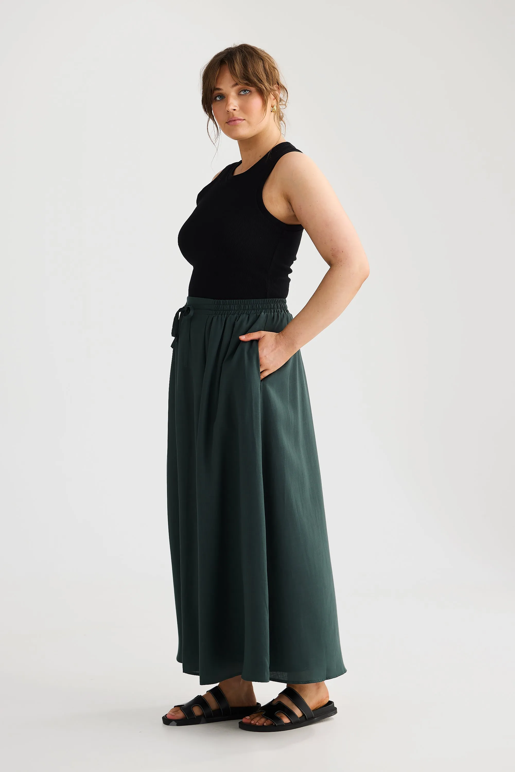 Core Drawstring Midi Skirt - Pine Green