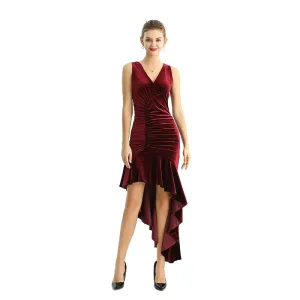 D169 Women velvet knit v neck ruched-detail fluted asymmetric hem evening dress