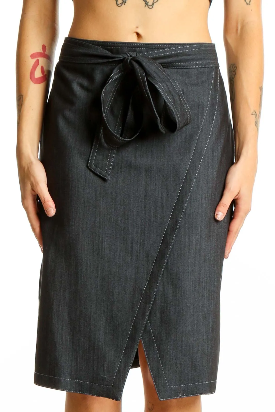 Dark Gray Wrap-Style Pencil Skirt