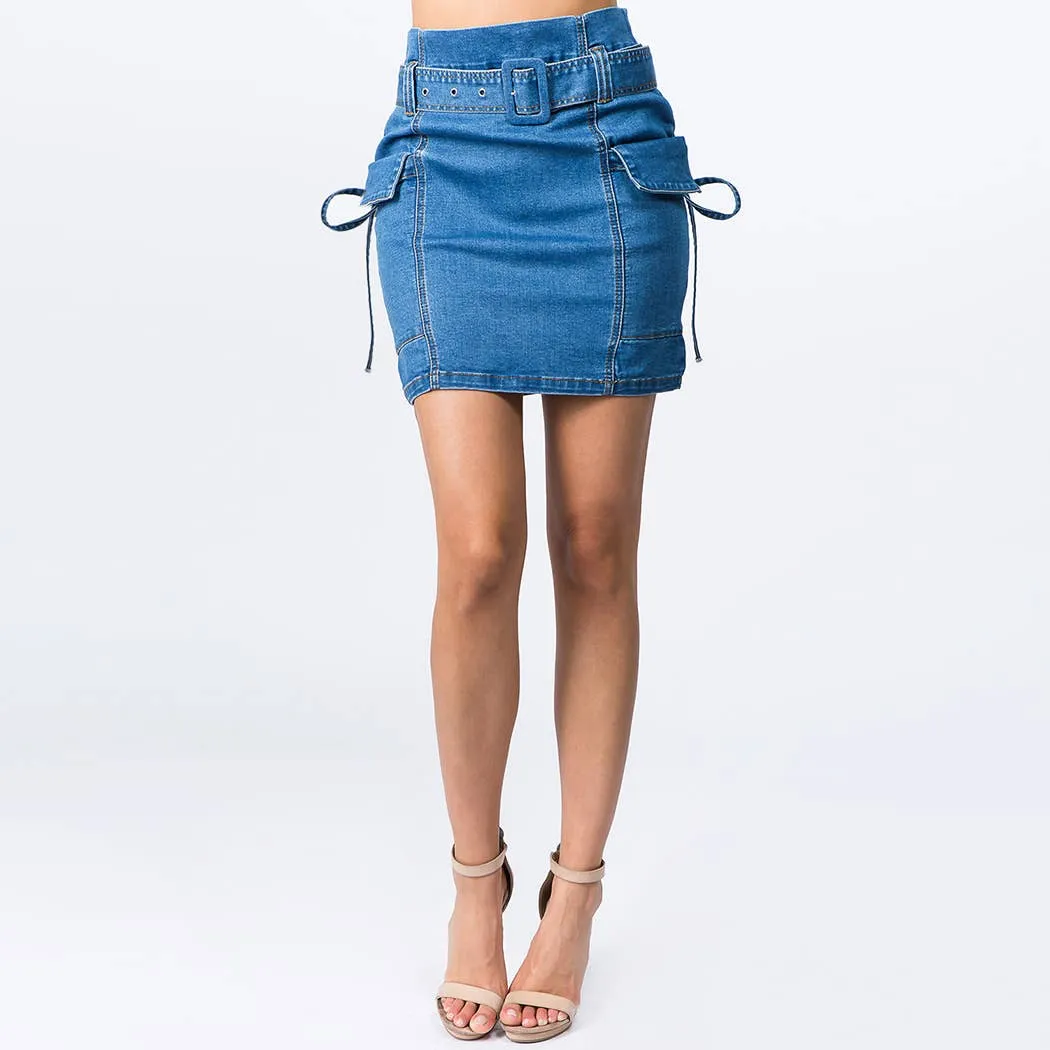 Denim Skirt - Belt & Detailed Side Pockets