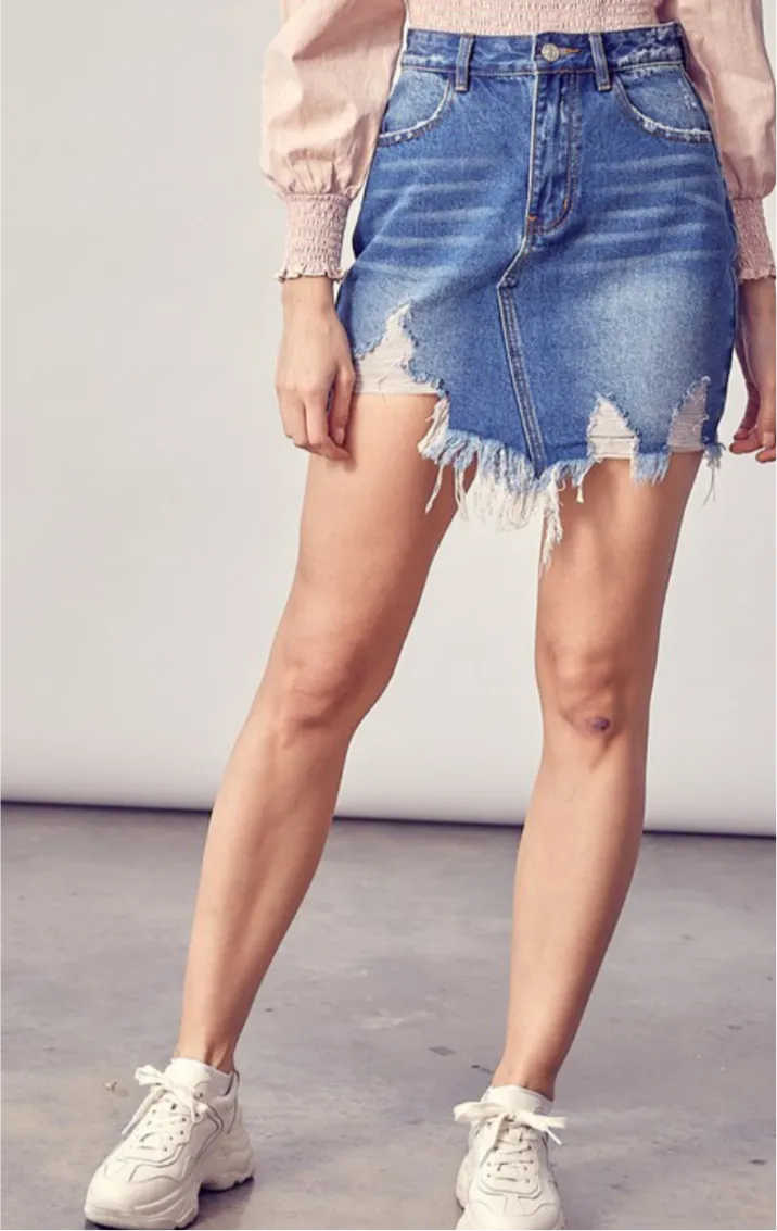 Distressed Hem Denim Mini Skirt