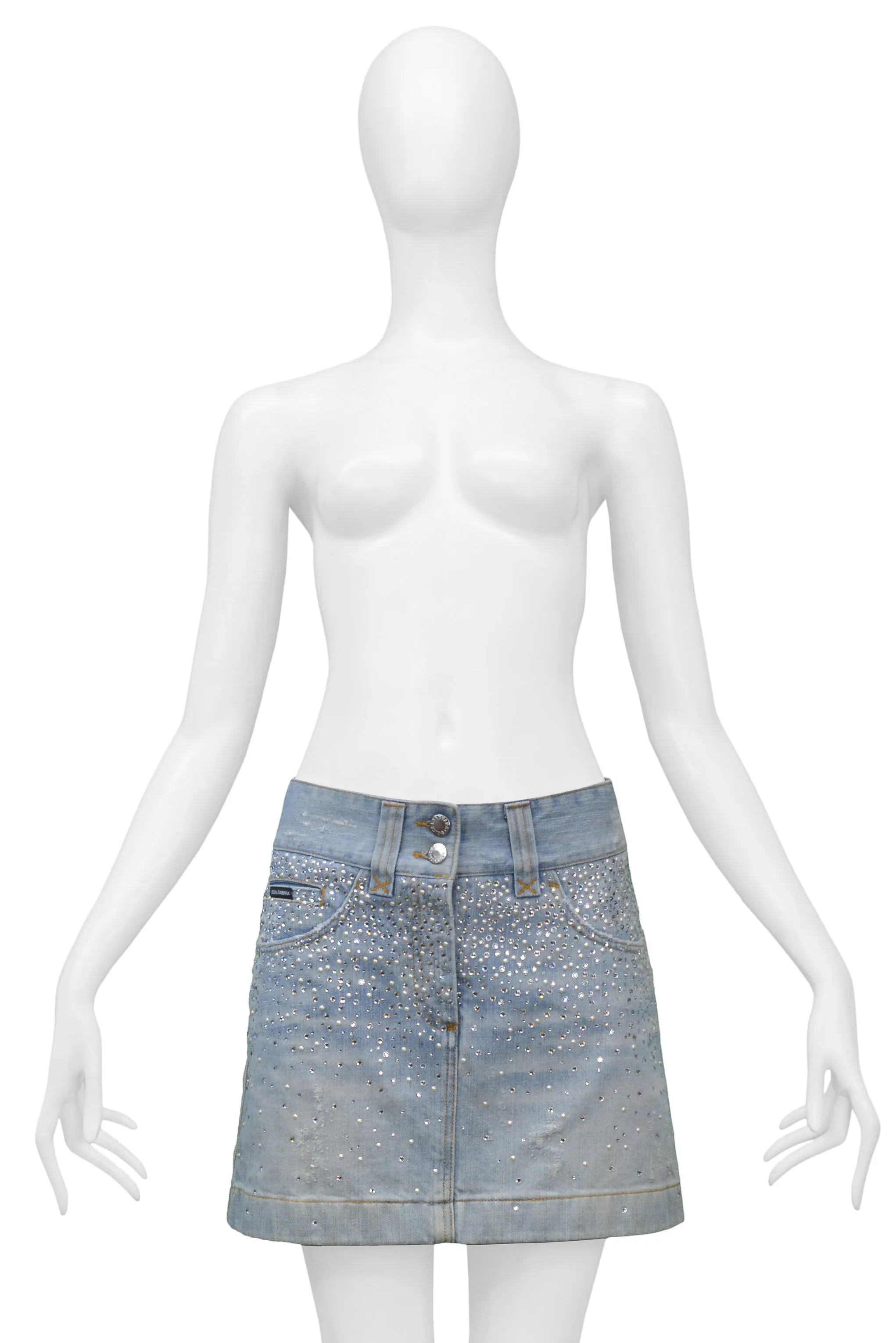 DOLCE & GABBANA CRYSTAL & PEARL DENIM MINI SKIRT