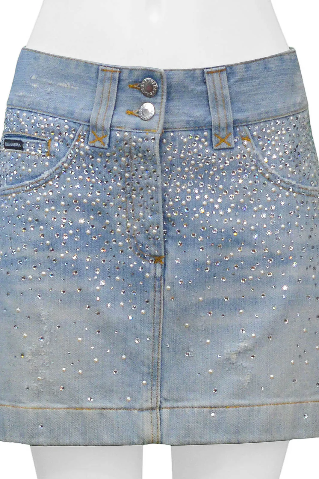 DOLCE & GABBANA CRYSTAL & PEARL DENIM MINI SKIRT