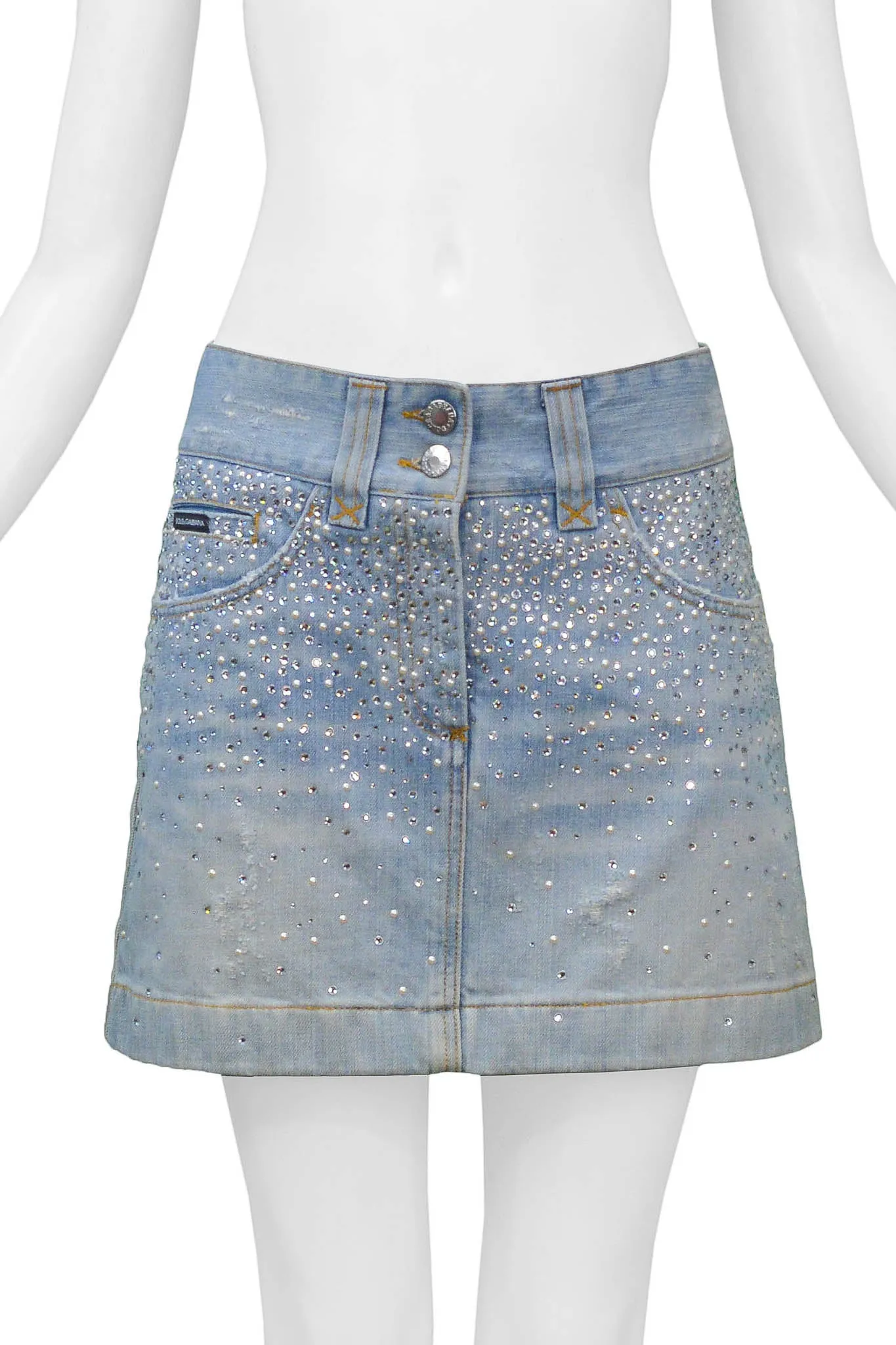 DOLCE & GABBANA CRYSTAL & PEARL DENIM MINI SKIRT