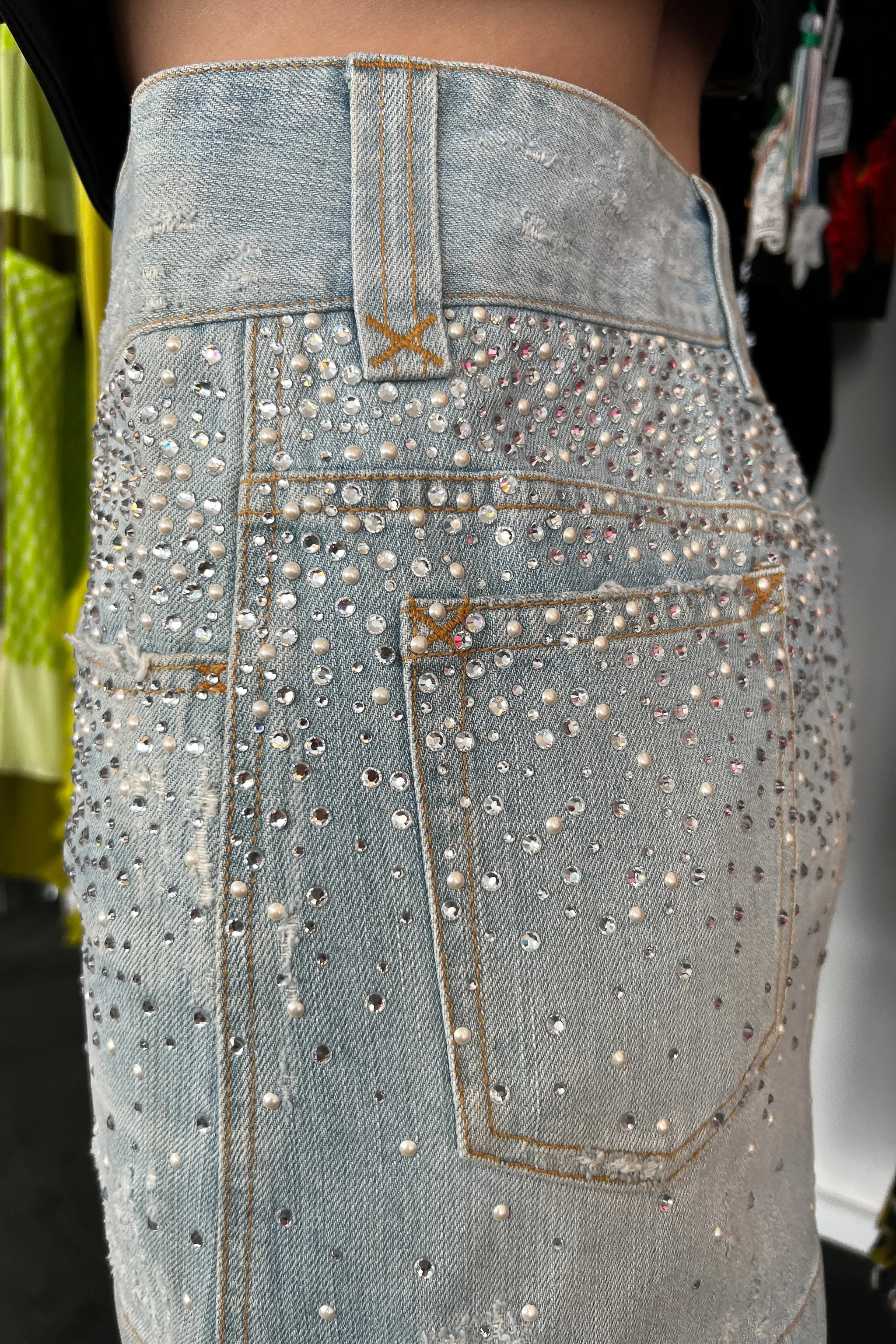 DOLCE & GABBANA CRYSTAL & PEARL DENIM MINI SKIRT