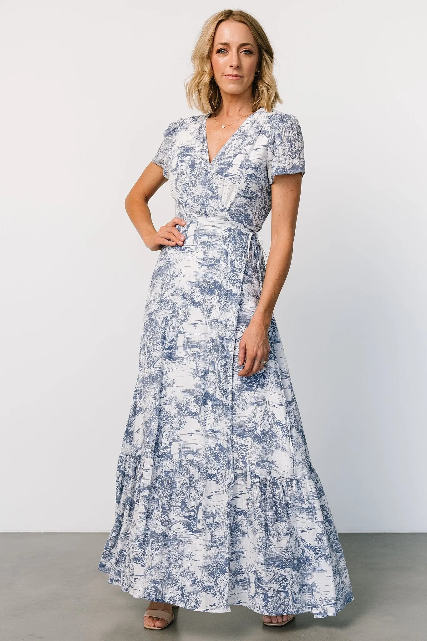 Dulce Wrap Maxi Dress | White   Blue Print