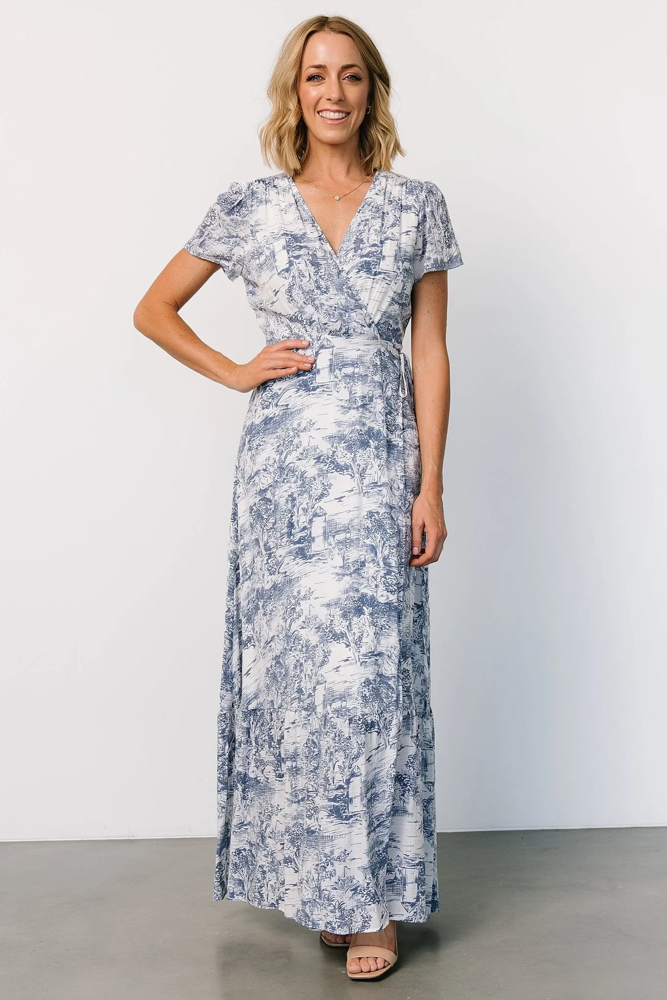 Dulce Wrap Maxi Dress | White   Blue Print