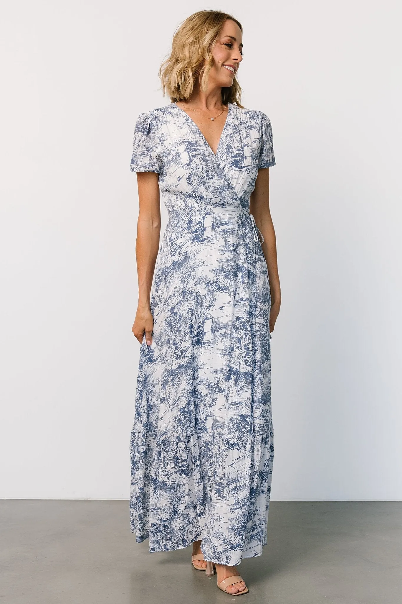 Dulce Wrap Maxi Dress | White   Blue Print