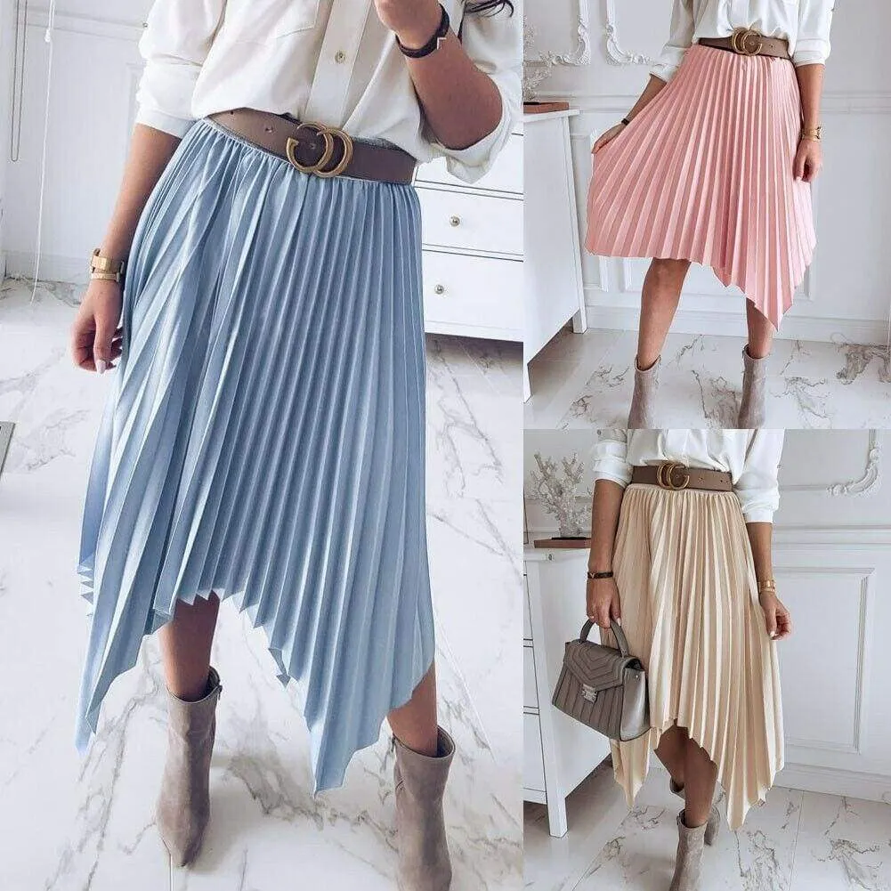 FashionSierra - Women Pleated Skirt Elastic High Waist Solid Color Midi A-line Skirt Casual Summer Beach Swing Midi Sundress