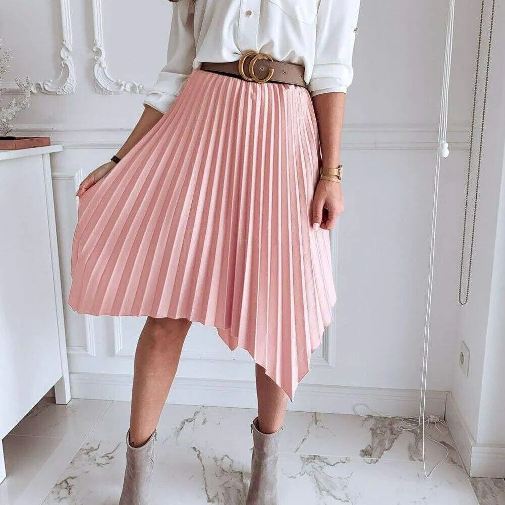 FashionSierra - Women Pleated Skirt Elastic High Waist Solid Color Midi A-line Skirt Casual Summer Beach Swing Midi Sundress