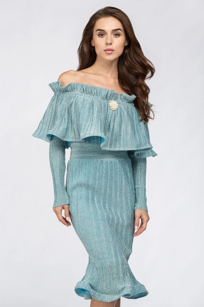 Fatima Almomen - Blue Frost Pleated Off The Shoulder Midi Dress